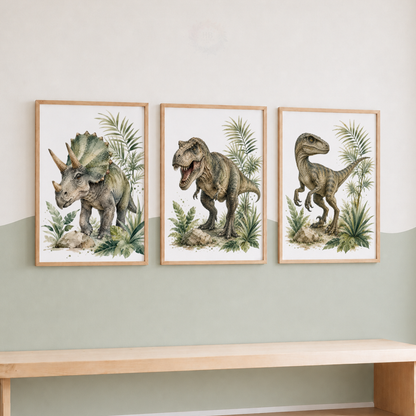 Realistic Dinosaur Nursery Wall Art Set – T-Rex, Triceratops & Raptor Prints