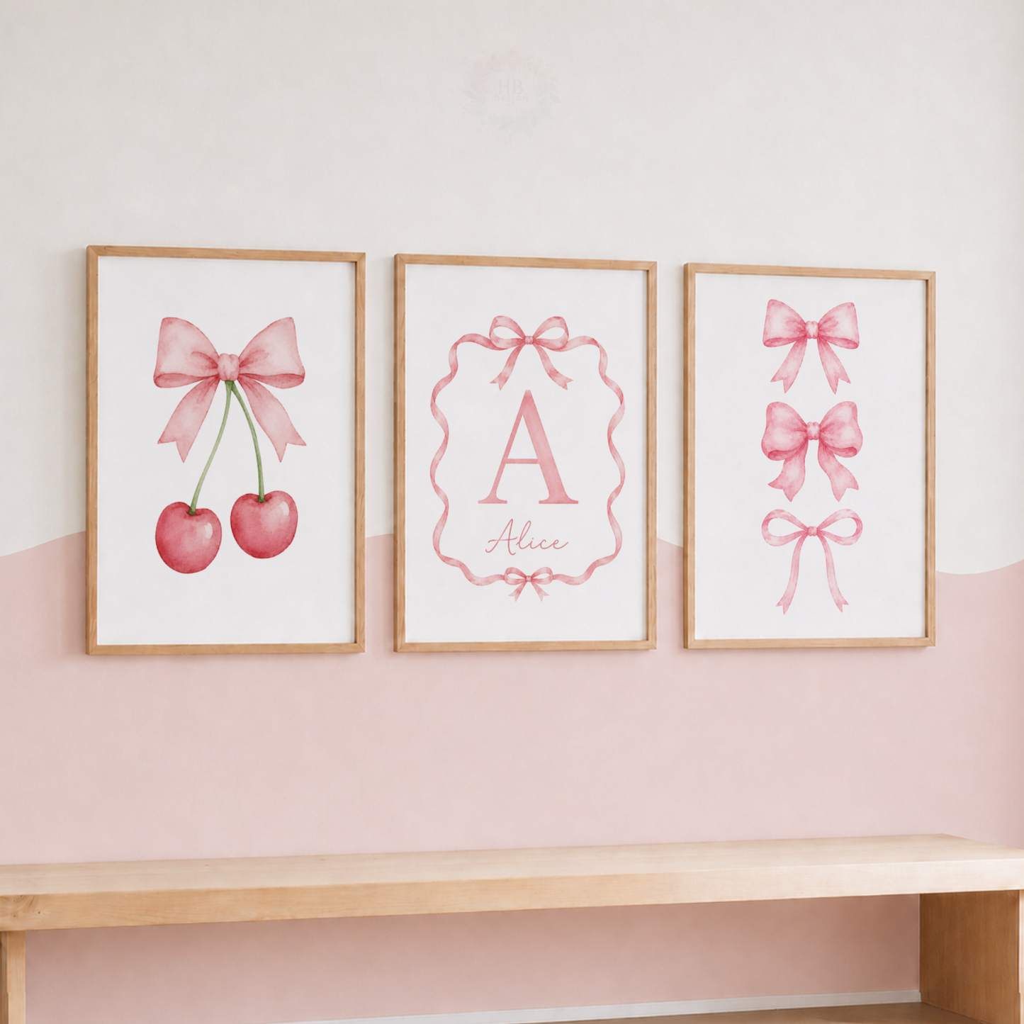 Personalised Pink Bow & Cherry Wall Art Print Set – Custom Name & Initial