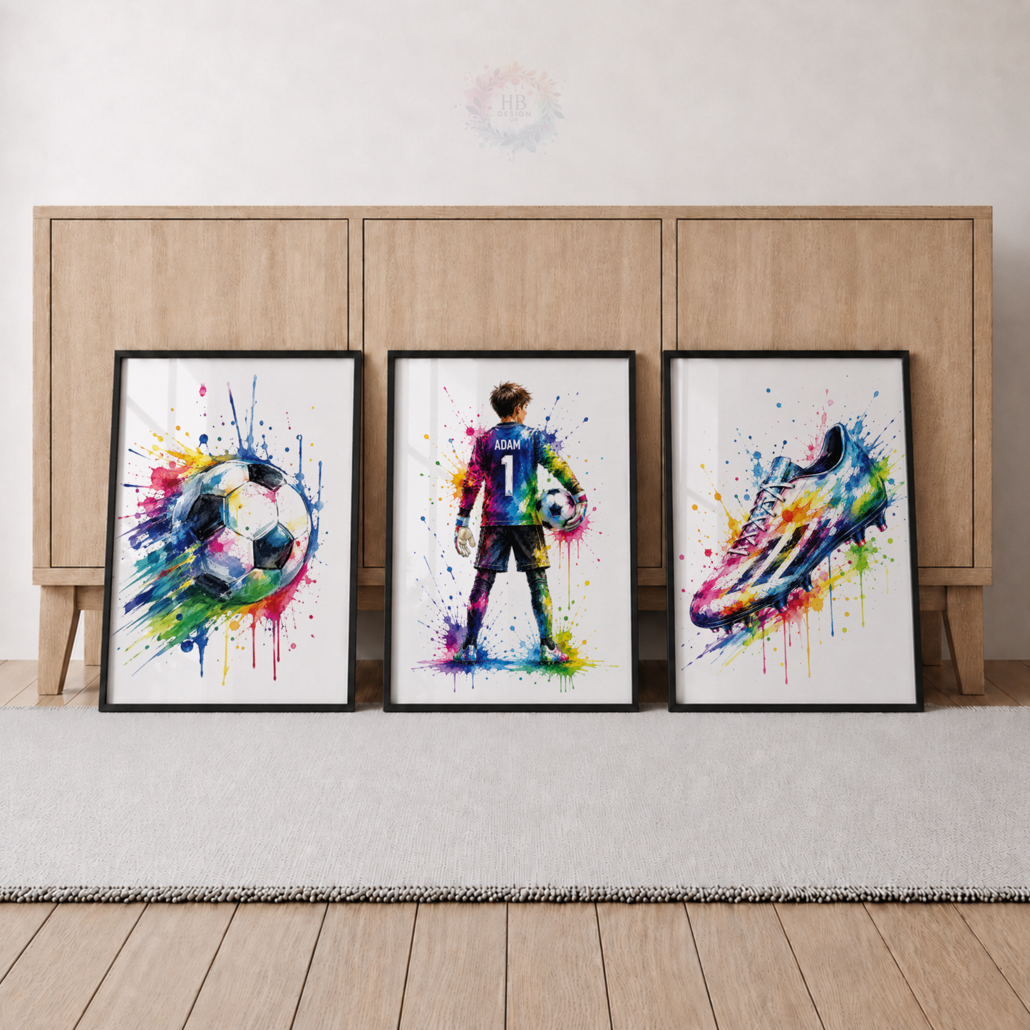 Personalised Colourful Goalkeeper Football Wall Art Set – Name & Number Prints