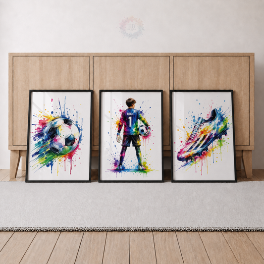 Personalised Colourful Goalkeeper Football Wall Art Set – Name & Number Prints