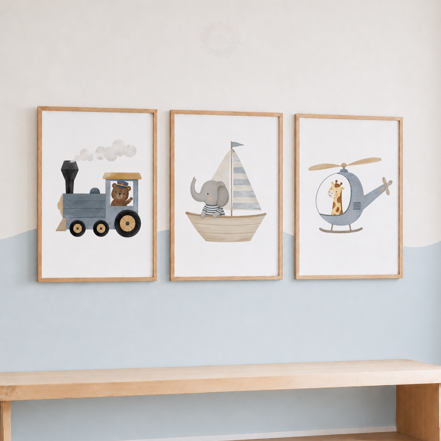 Safari Animal Transport Nursery Wall Art Set – Train, Sailboat & Helicopter Prints