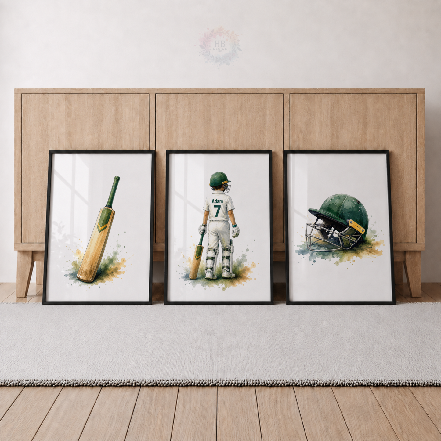 Personalised Cricket Prints – Set of 3 Green Watercolour Bat, Player & Helmet Wall Art