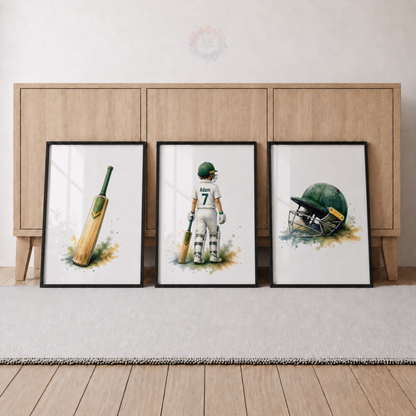 Personalised Cricket Prints – Set of 3 Green Watercolour Bat, Player & Helmet Wall Art