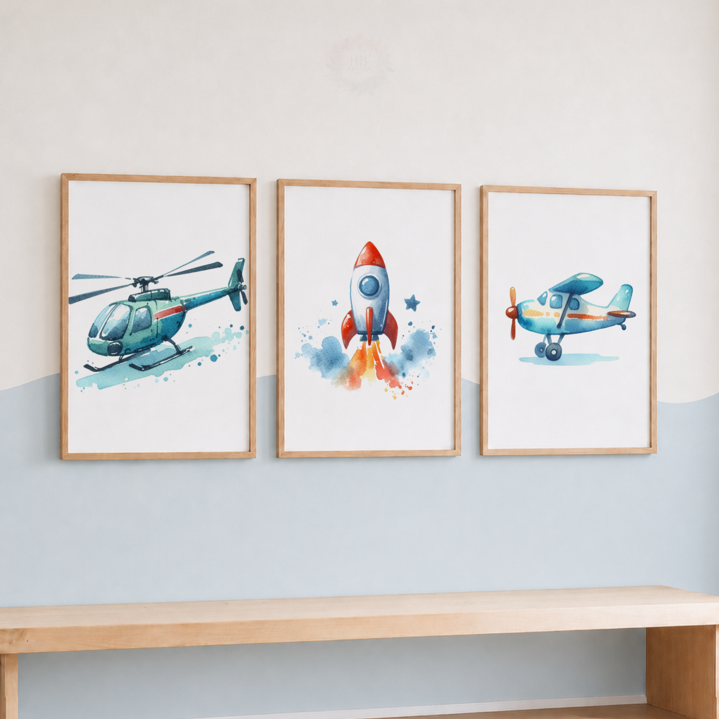 Airplane, Helicopter & Rocket Wall Art Set – Kids Aviation Prints