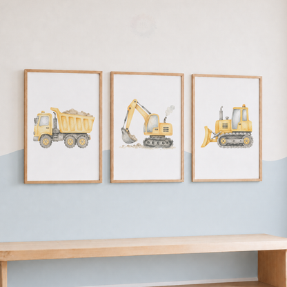 Watercolour Construction Vehicle Nursery Prints – Digger Dump Truck & Bulldozer Wall Art Set