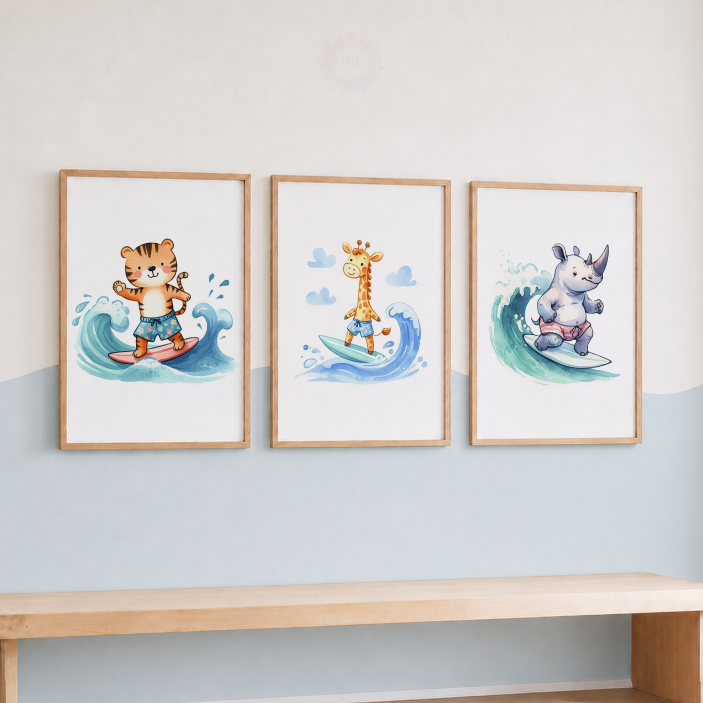 Surfing Safari Animals Watercolor Wall Art Set – Tiger, Giraffe & Rhino Nursery Prints