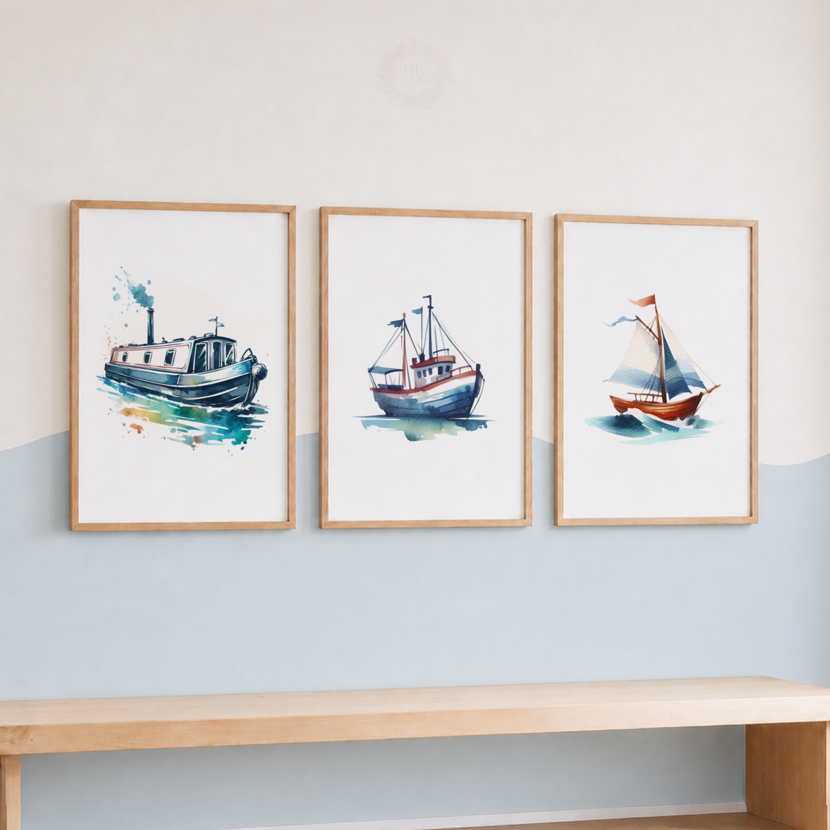 Watercolor Boat Wall Art Set – Canal Boat, Fishing Boat & Sailboat Prints