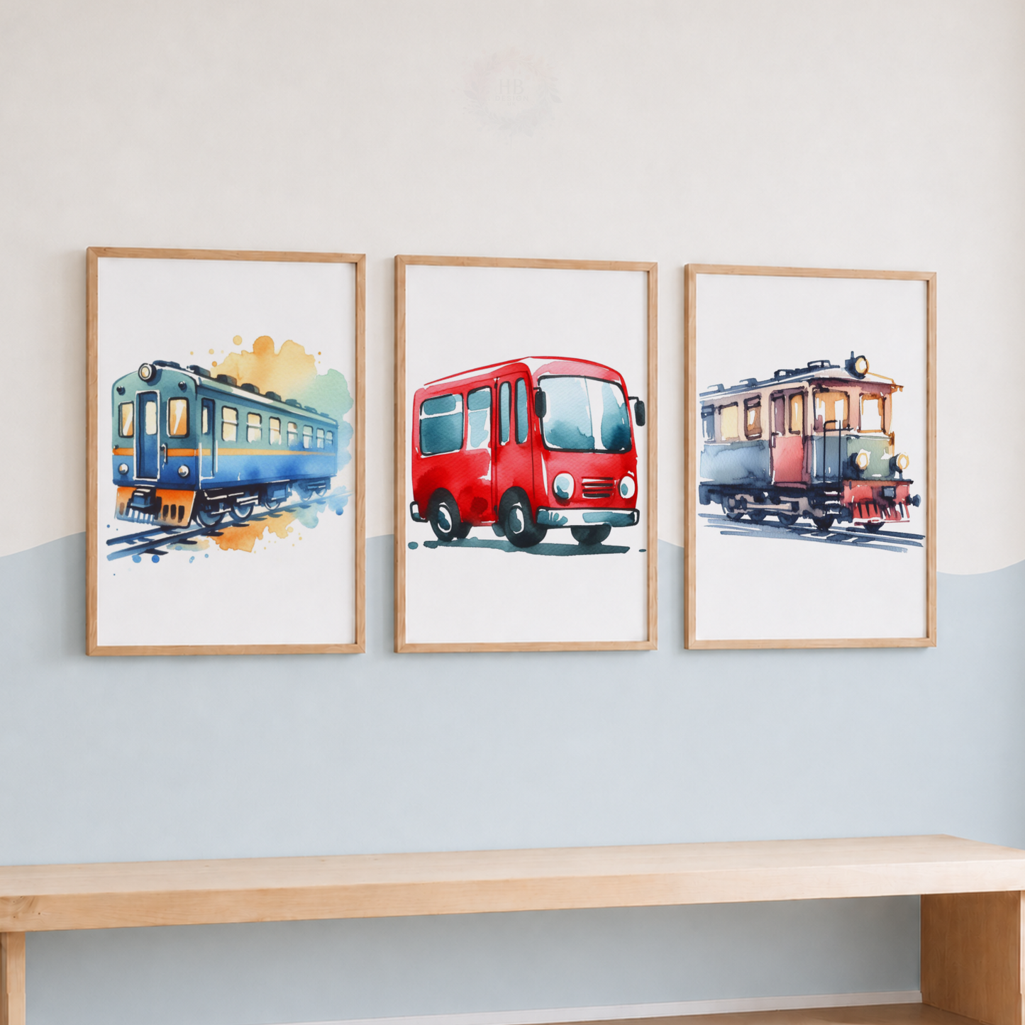Transportation Wall Art Set – Watercolor Train, Bus & Tram Prints