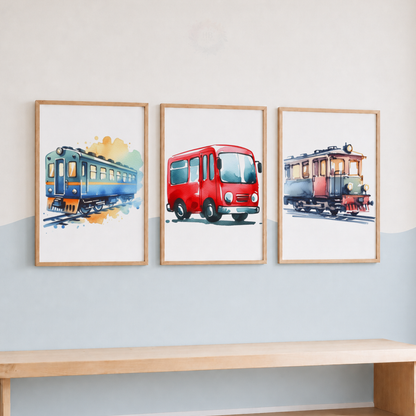 Transportation Wall Art Set – Watercolor Train, Bus & Tram Prints