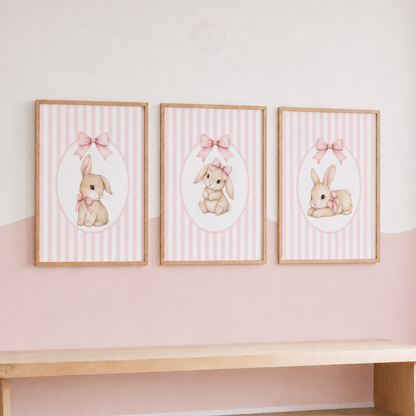 Pink Bunny Nursery Wall Art Print Set – Rabbit & Bow Girls Bedroom Decor