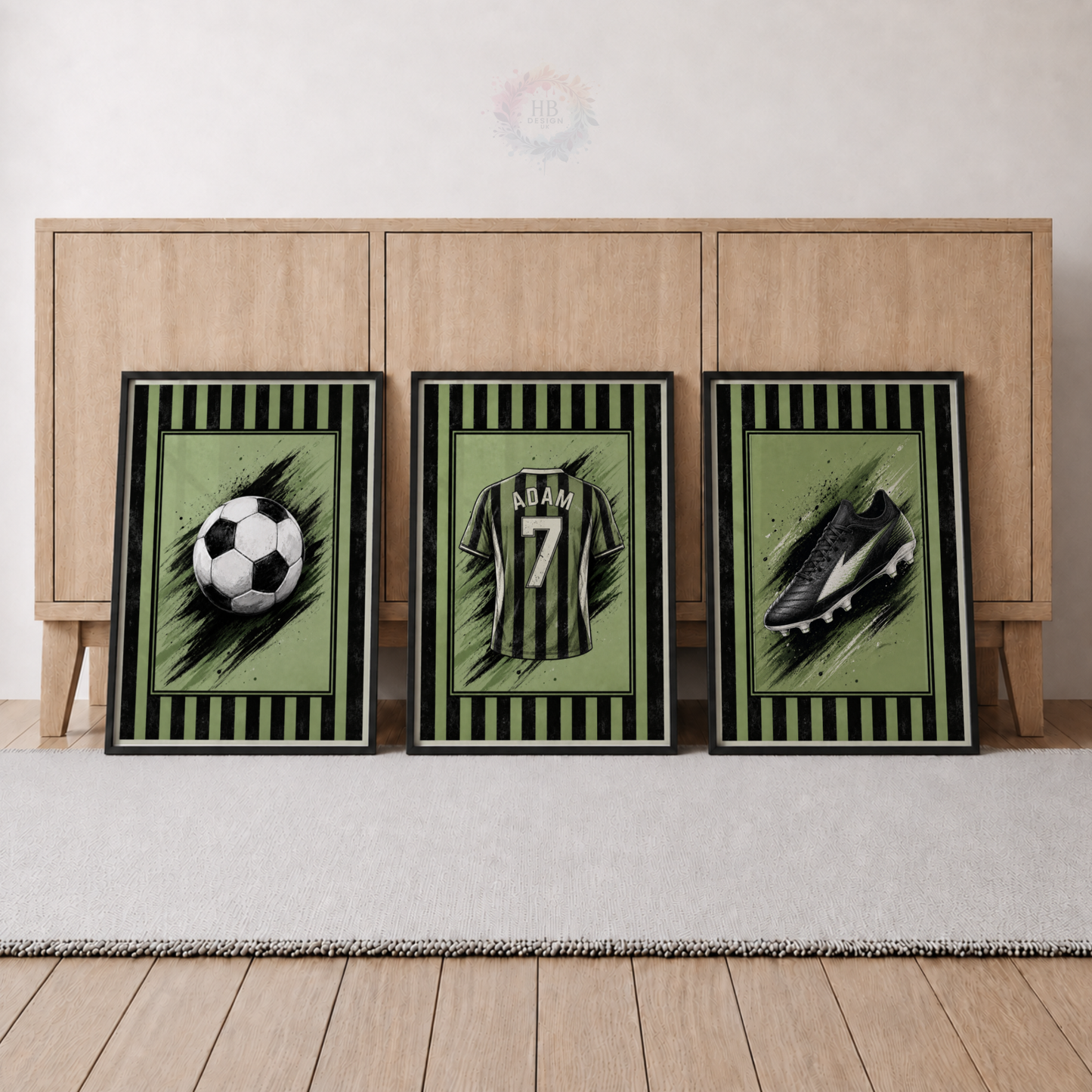 Personalised Green & Black Football Wall Art Set – Name & Number Prints