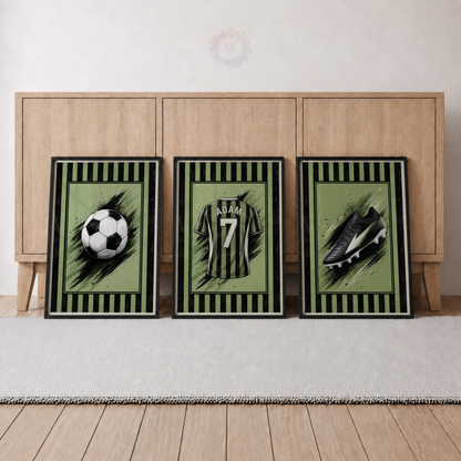 Personalised Green & Black Football Wall Art Set – Name & Number Prints