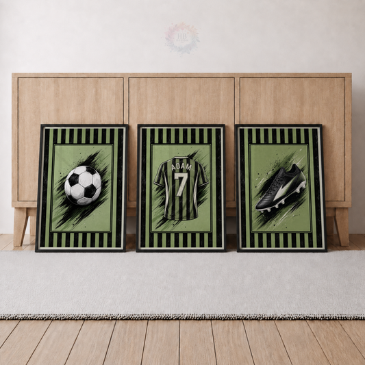 Personalised Green & Black Football Wall Art Set – Name & Number Prints