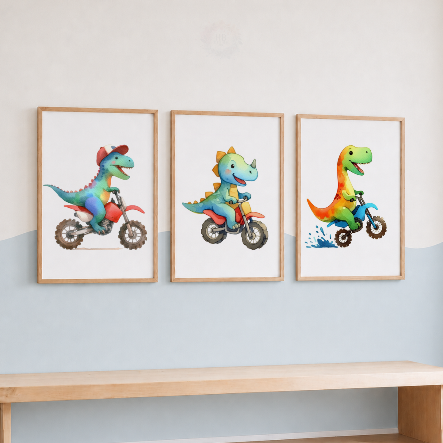 Cute Dinosaur Dirt Bike Prints Set – Colourful Kids Dinosaur Wall Art
