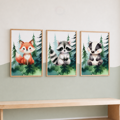 Woodland Animal Nursery Prints Set – Fox Raccoon & Badger Forest Wall Art