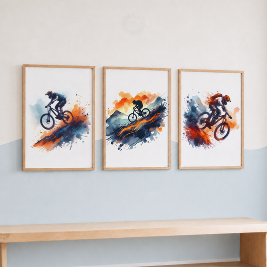 Mountain Biking Watercolor Wall Art Set – Blue & Orange MTB Cyclist Sports Prints