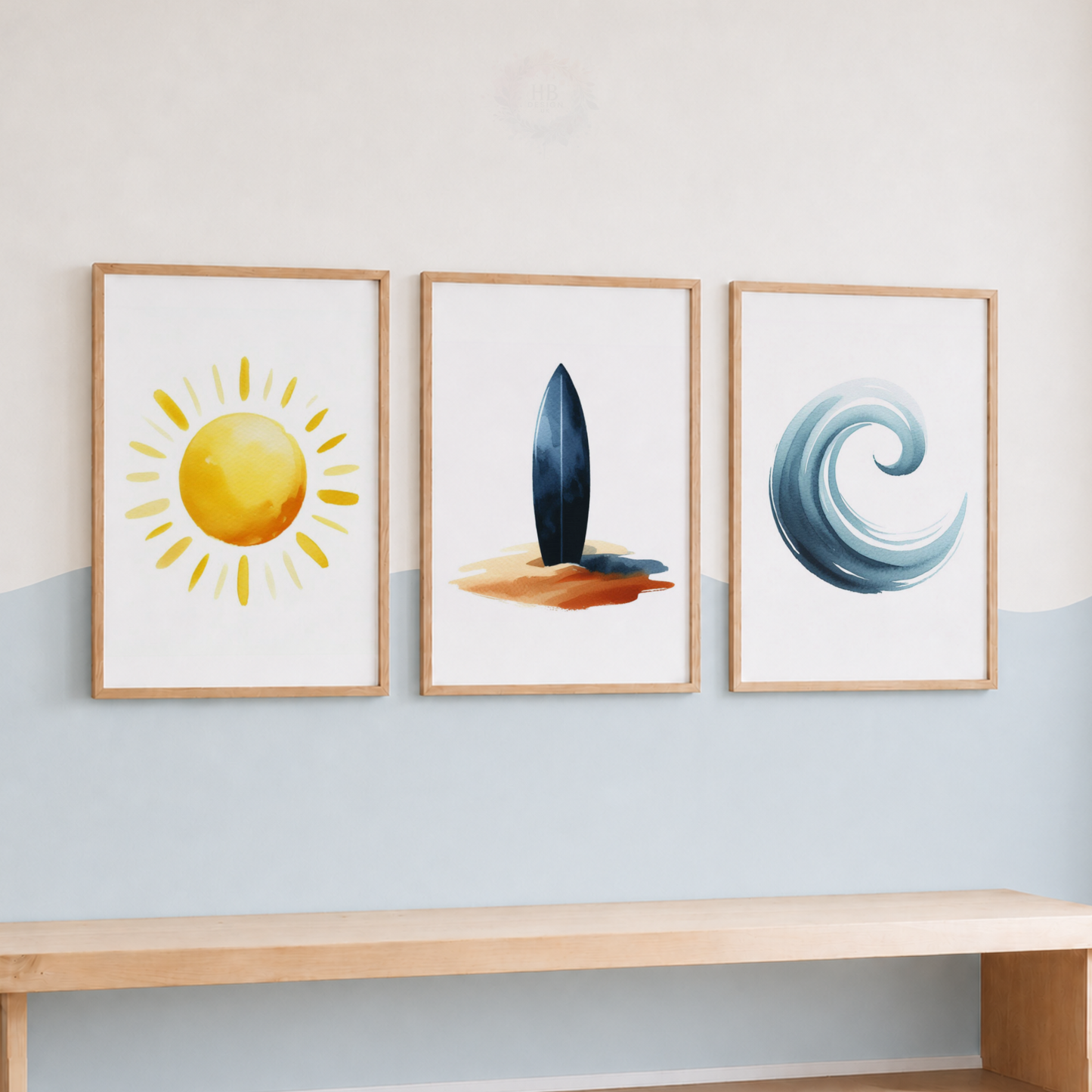 Minimalist Surf Watercolor Wall Art Set – Sun, Surfboard & Ocean Wave Prints