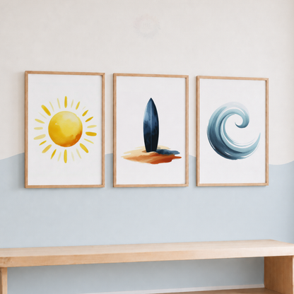 Minimalist Surf Watercolor Wall Art Set – Sun, Surfboard & Ocean Wave Prints