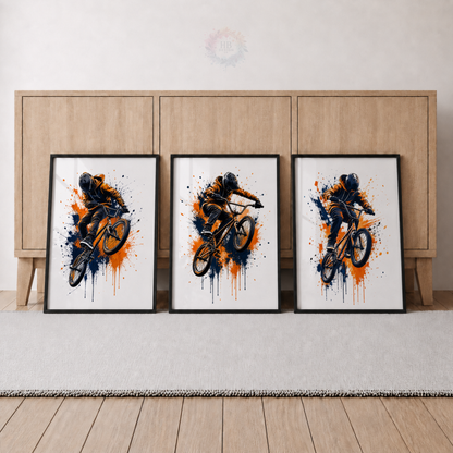 BMX Bike Wall Art Prints – Set of 3 Orange & Navy Freestyle Cycling Prints