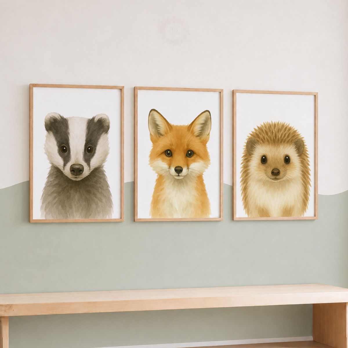 Woodland Animal Watercolor Prints Set – Badger, Fox & Hedgehog Nursery Wall Art