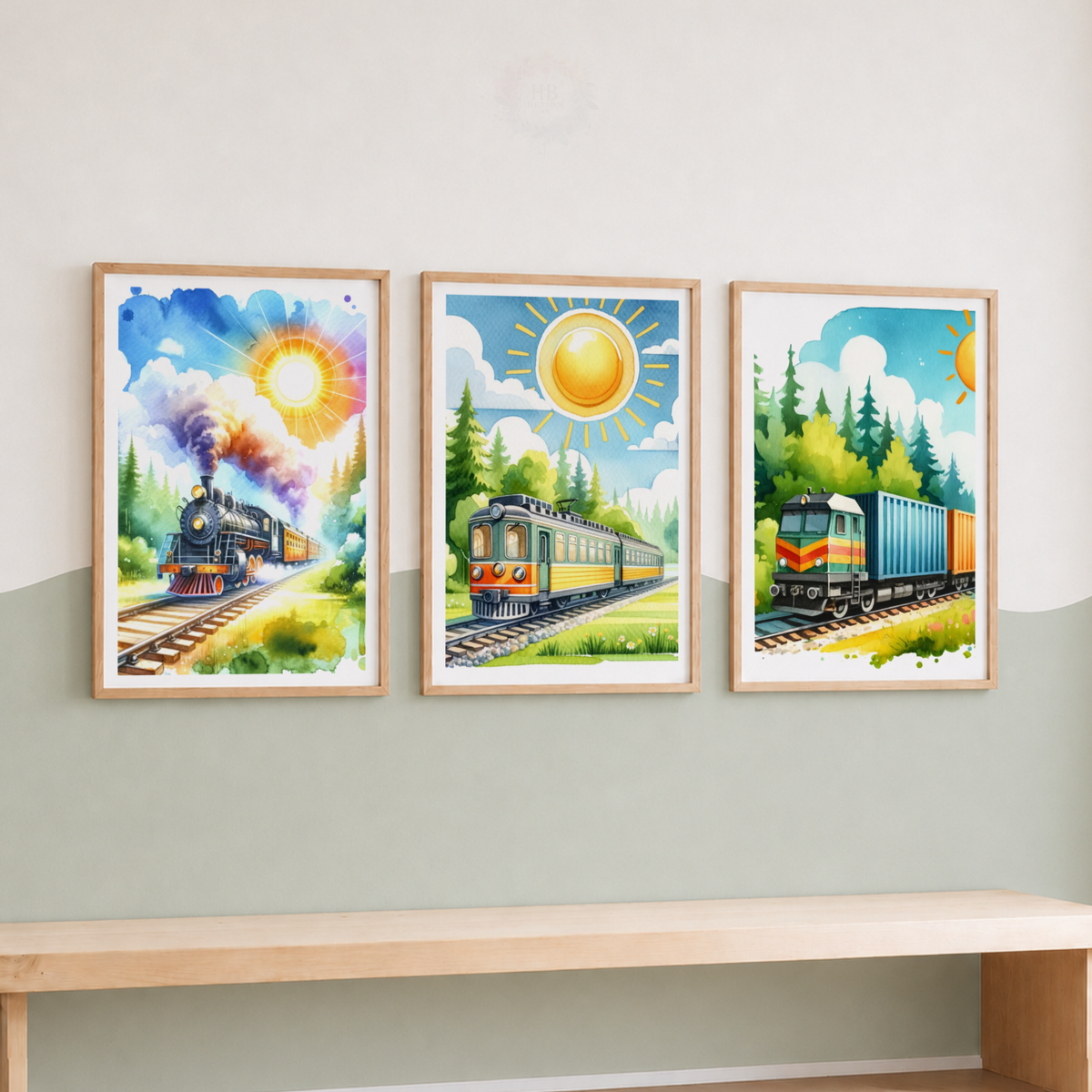 Colorful Train Wall Art Set – Kids Railway Nursery Prints