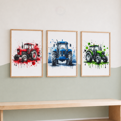 Colourful Tractor Nursery Prints Set – Red Blue & Green Farm Wall Art