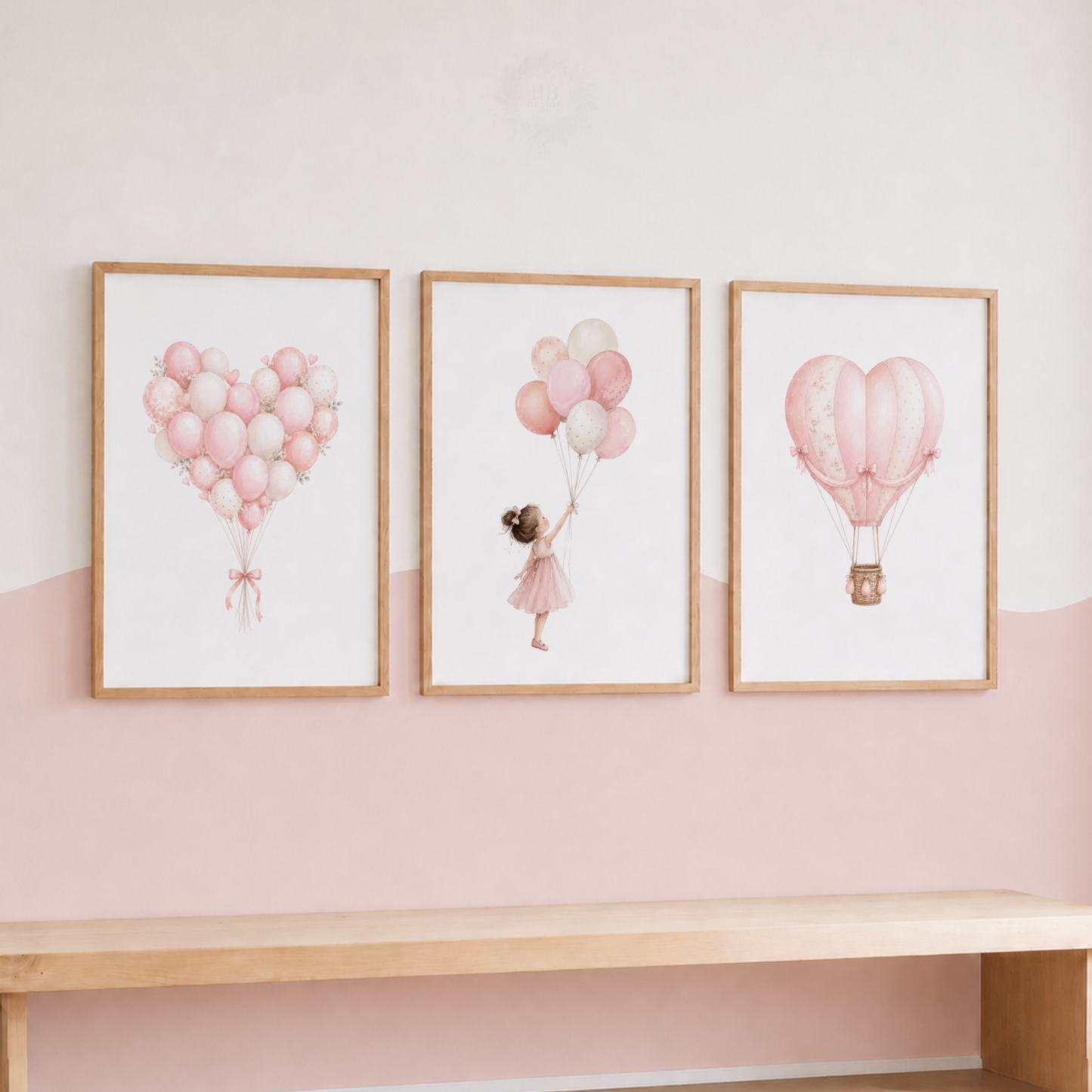 Pink Balloon & Hot Air Balloon Wall Art Print Set – Girls Nursery Decor