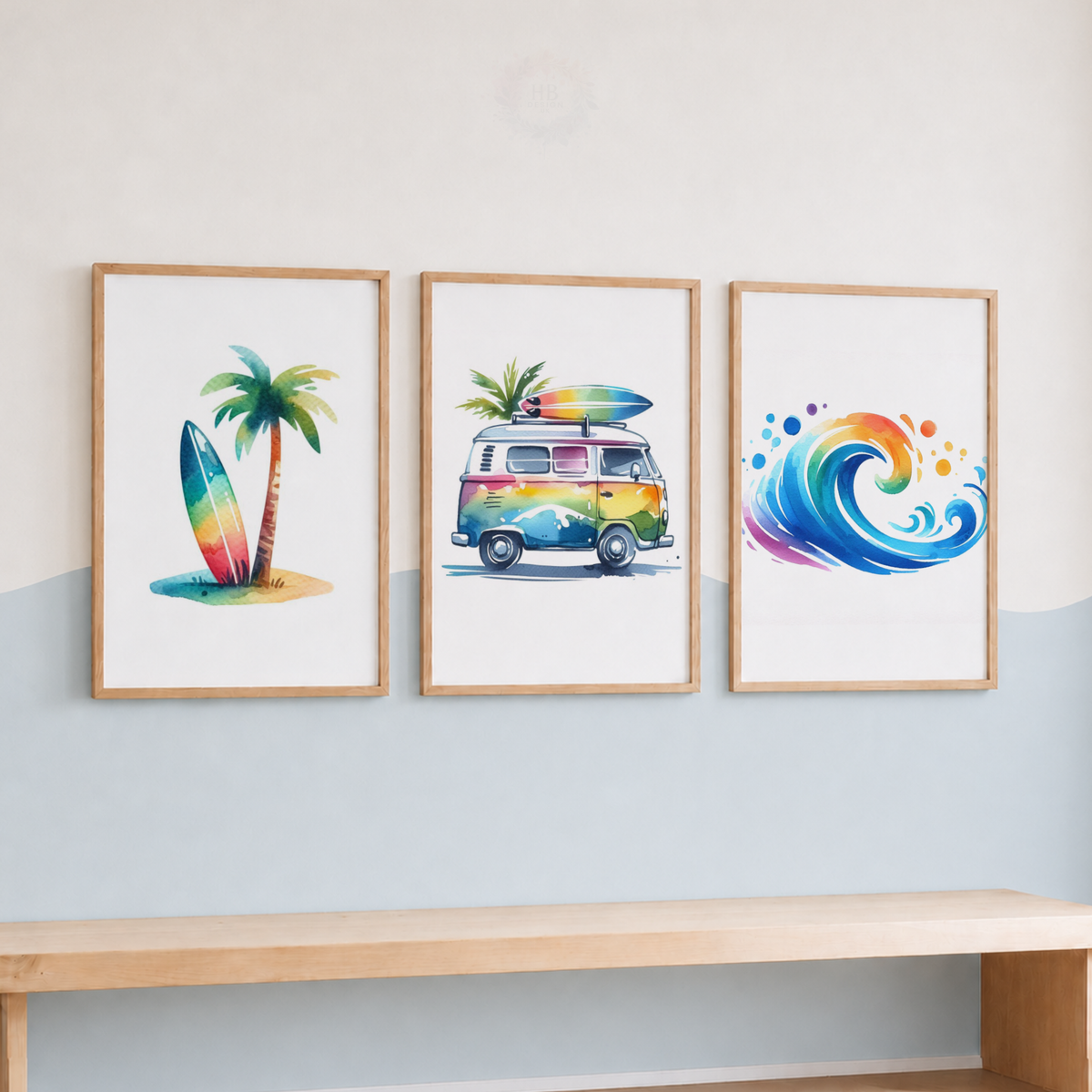 Rainbow Surfing Watercolor Wall Art Set – Surf Van, Surfboard & Ocean Wave Prints