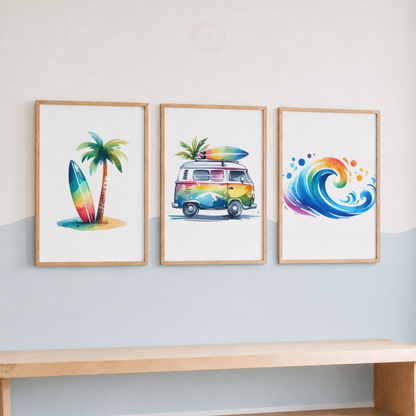Rainbow Surfing Watercolor Wall Art Set – Surf Van, Surfboard & Ocean Wave Prints