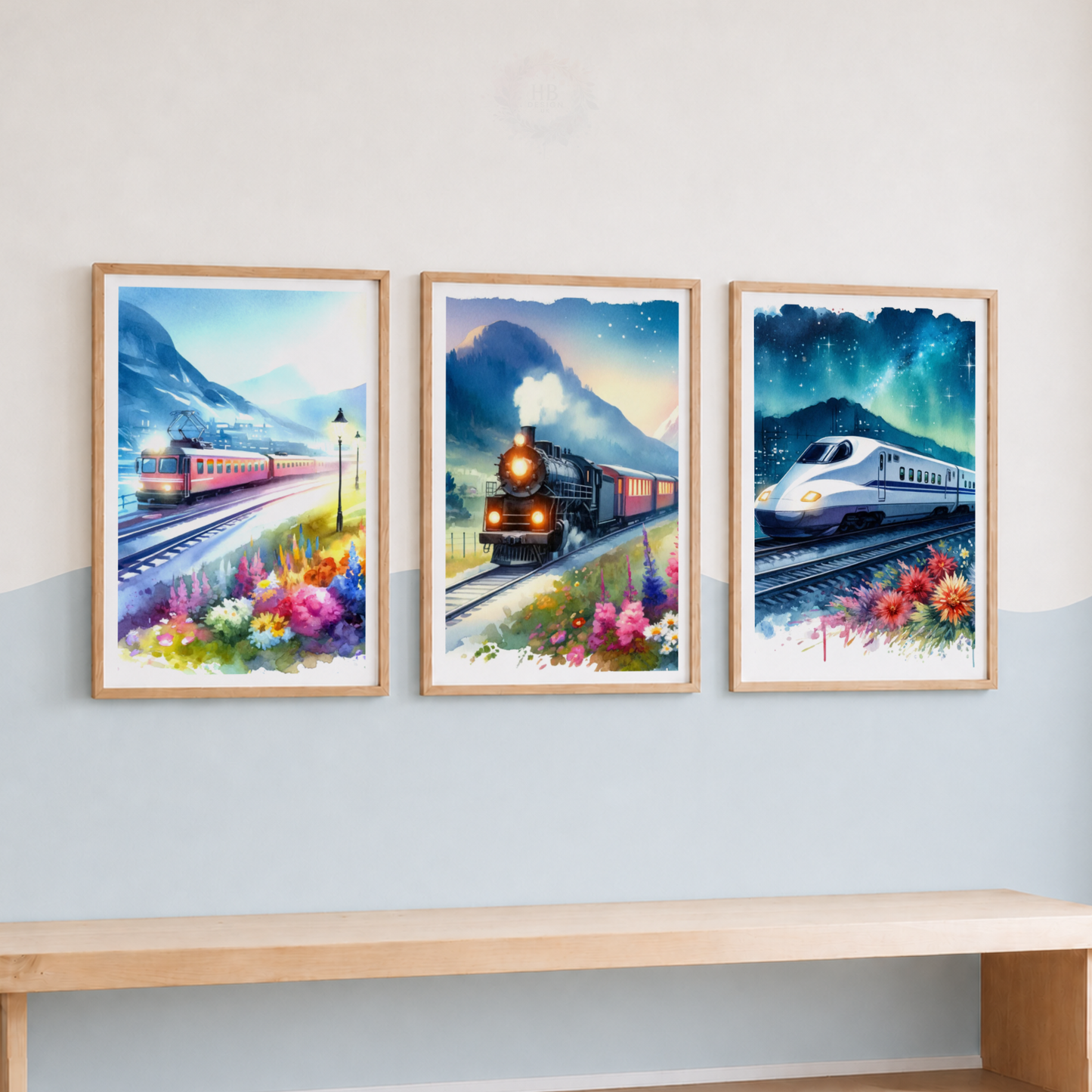 Colorful Train Wall Art Set – Railway Watercolor Prints