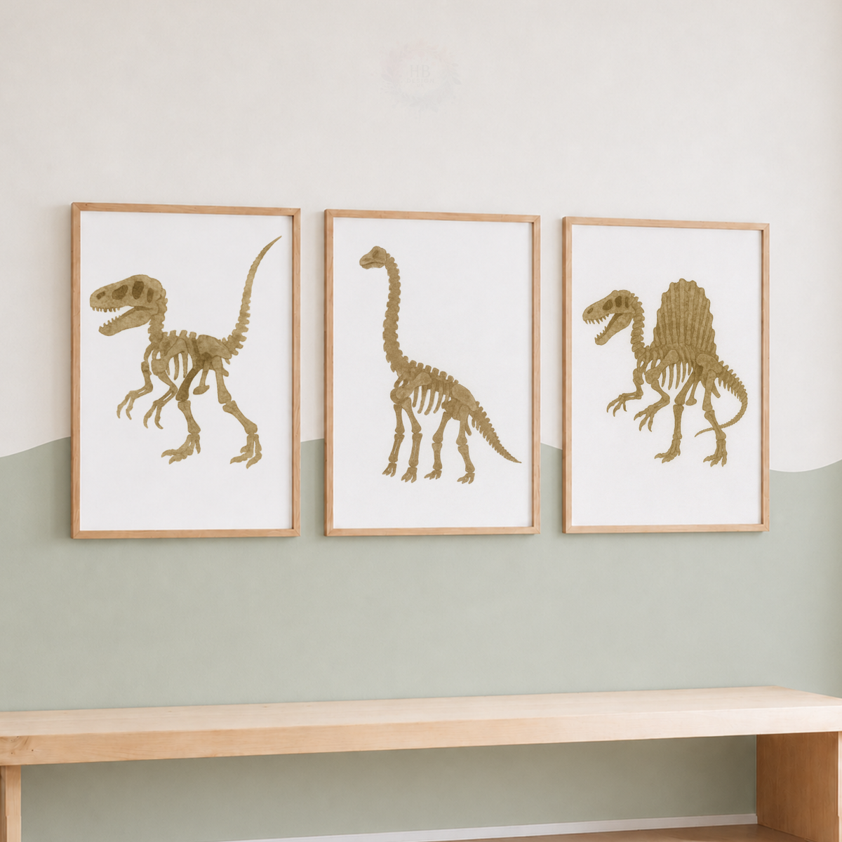 Dinosaur Skeleton Nursery Prints Set – T-Rex Brachiosaurus & Spinosaurus Fossil Wall Art