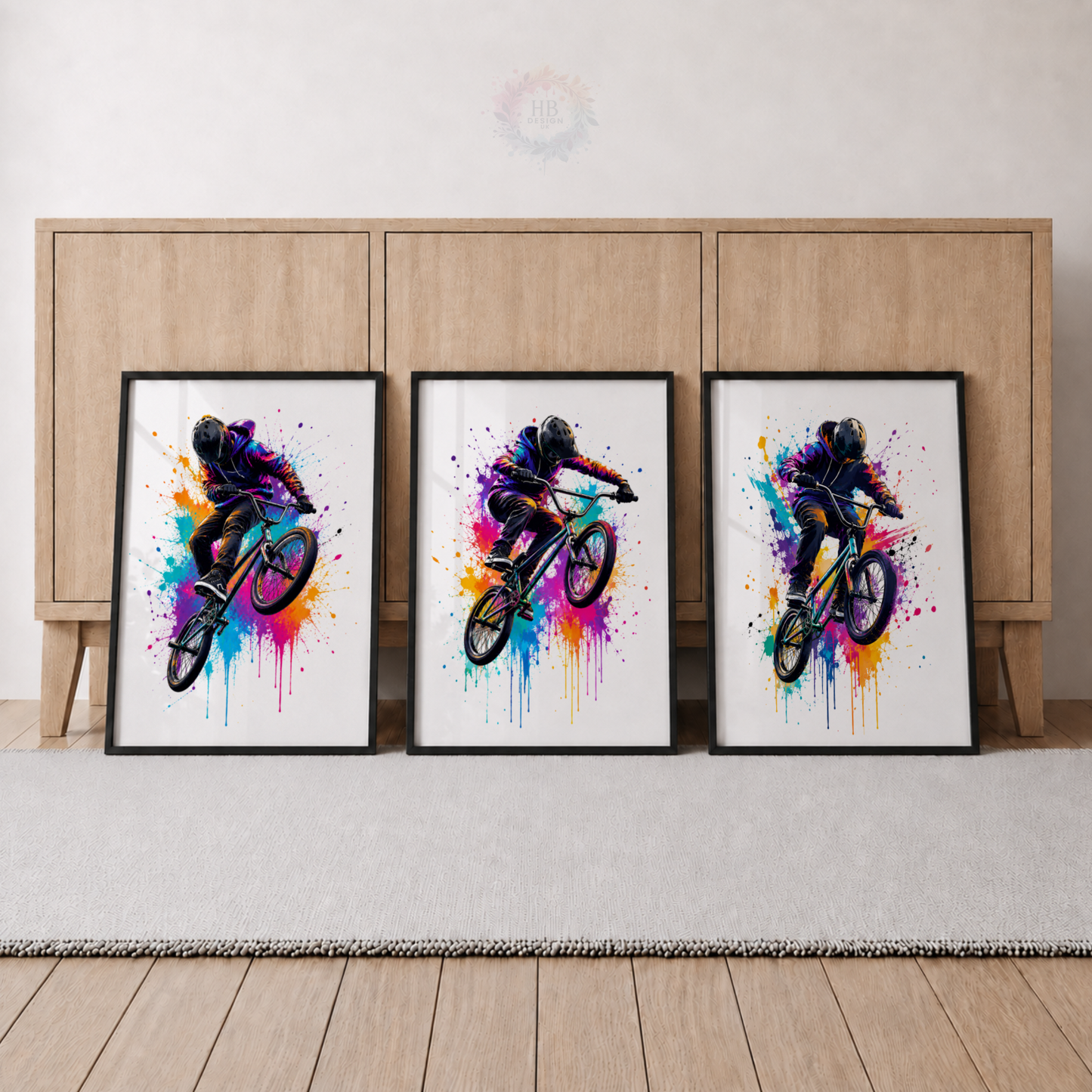Colourful BMX Bike Wall Art Prints – Set of 3 Graffiti Style Freestyle Cycling Prints
