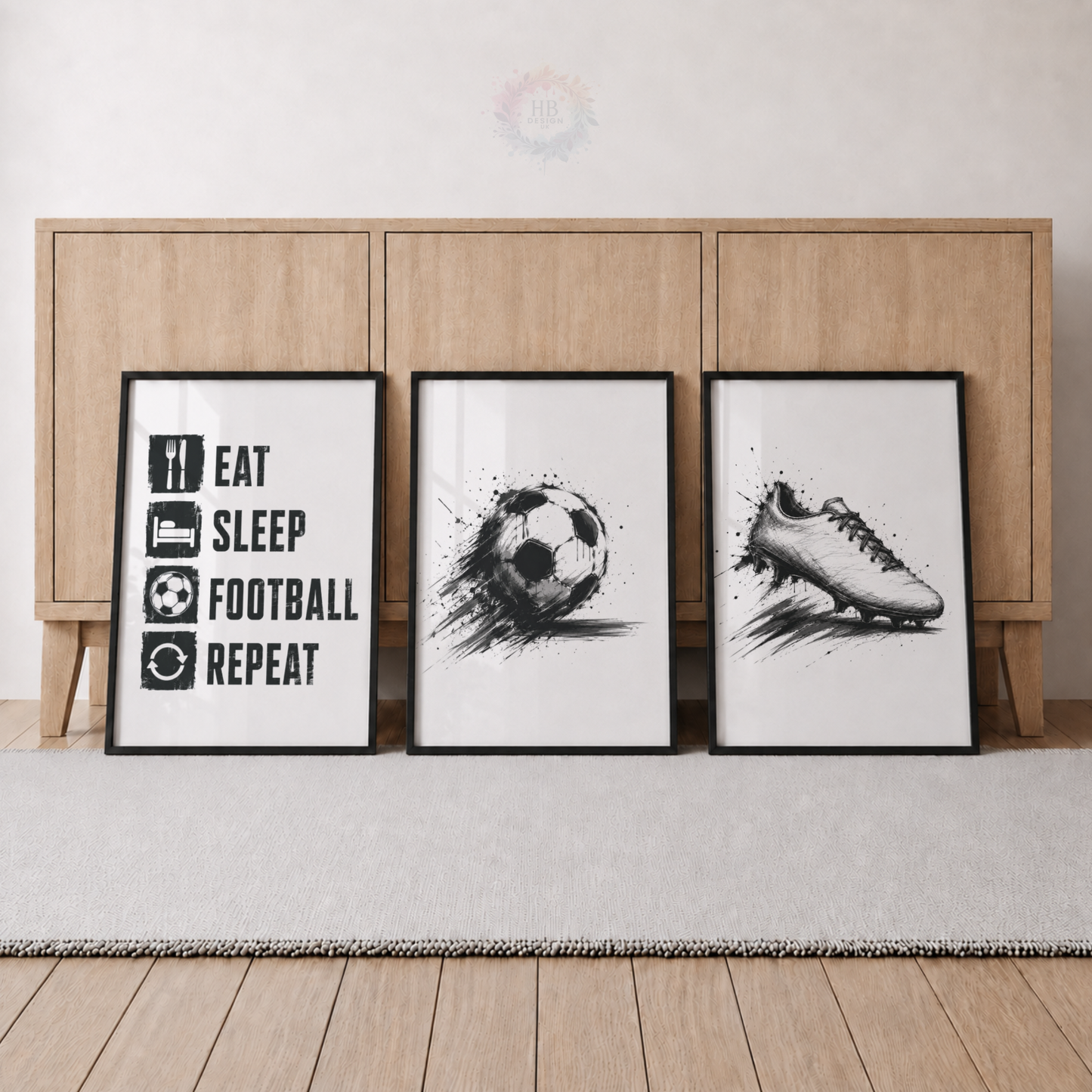 Eat Sleep Football Repeat Wall Art Set – Black & White Football Prints