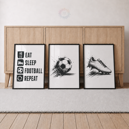 Eat Sleep Football Repeat Wall Art Set – Black & White Football Prints