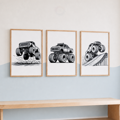 Monster Truck Wall Art Set – Black & White Kids Room Prints