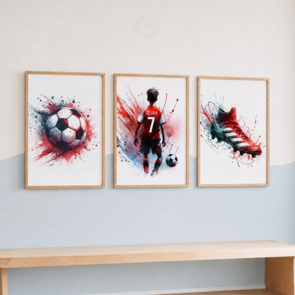 Personalized Red & Black Football Wall Art Set – Custom Name & Number Football Watercolor Prints