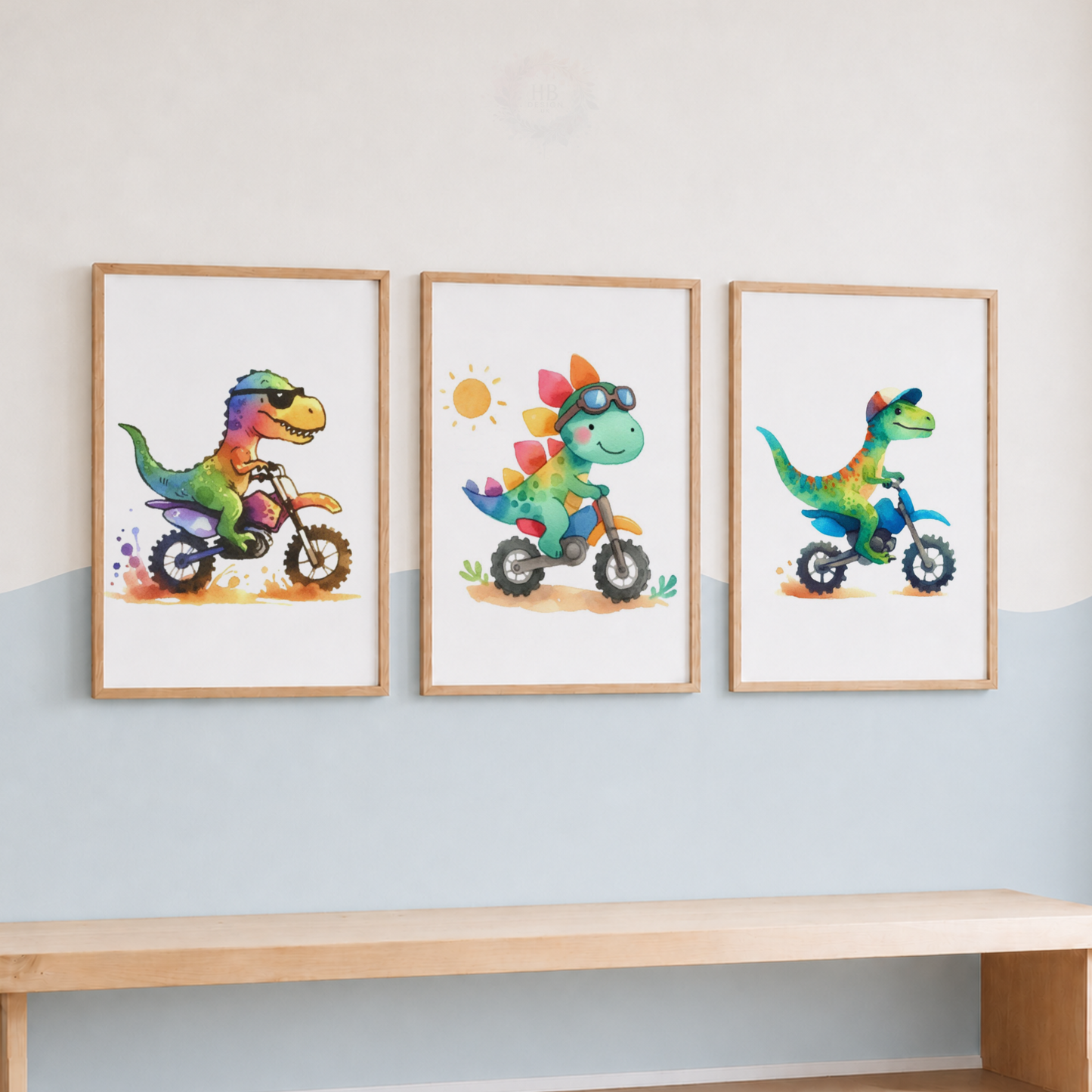 Dinosaur Motorbike Prints Set – Colourful Dinosaur Nursery Wall Art