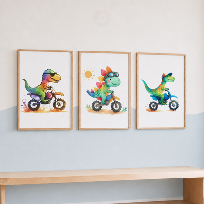 Dinosaur Motorbike Prints Set – Colourful Dinosaur Nursery Wall Art