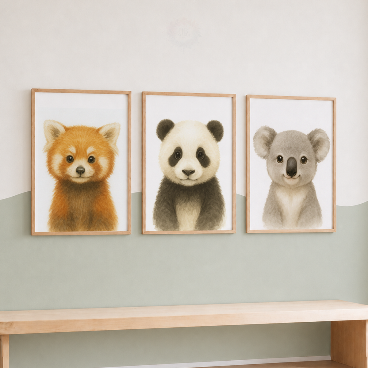 Cute Woodland & Wild Animals Wall Art Set – Red Panda, Panda & Koala Nursery Prints