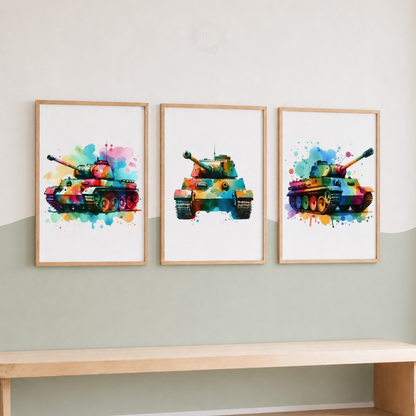 Colorful Watercolor Tank Prints Set – Military Vehicle Wall Art