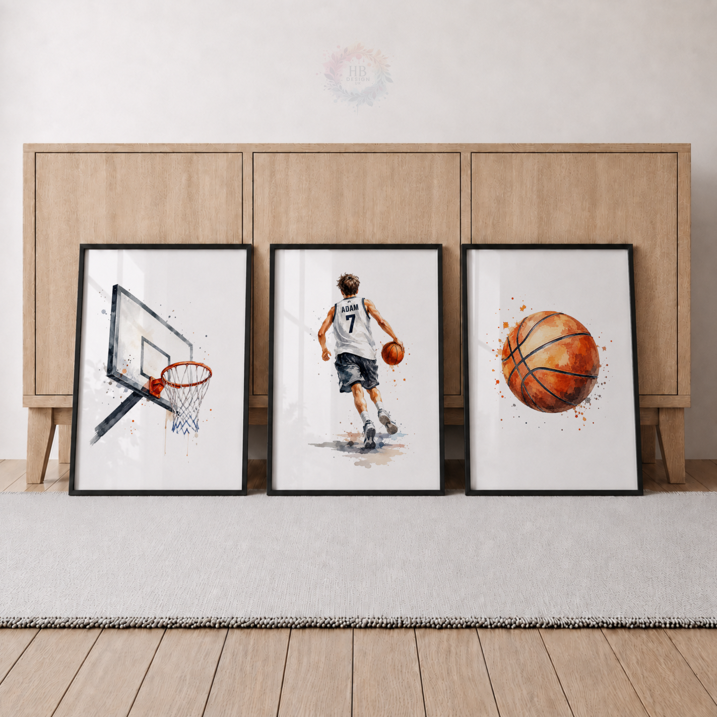 Personalised Basketball Wall Art Prints – Set of 3 Watercolour Player, Hoop & Ball Prints