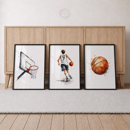 Personalised Basketball Wall Art Prints – Set of 3 Watercolour Player, Hoop & Ball Prints