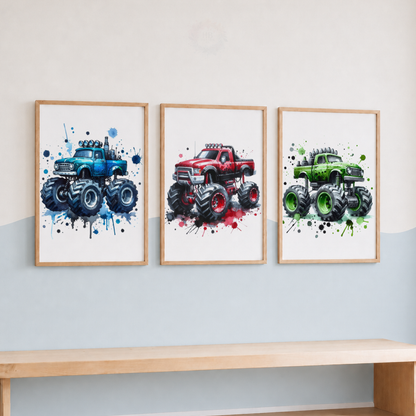 Colorful Monster Truck Wall Art Set – Boys Vehicle Prints