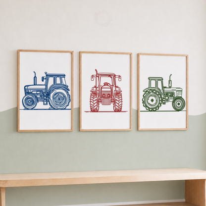 Colourful Tractor Nursery Prints Set – Blue Red & Green Farm Wall Art