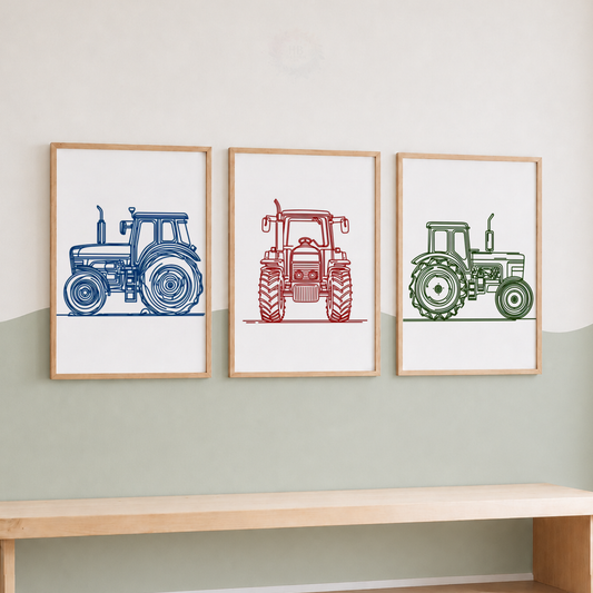 Colourful Tractor Nursery Prints Set – Blue Red & Green Farm Wall Art