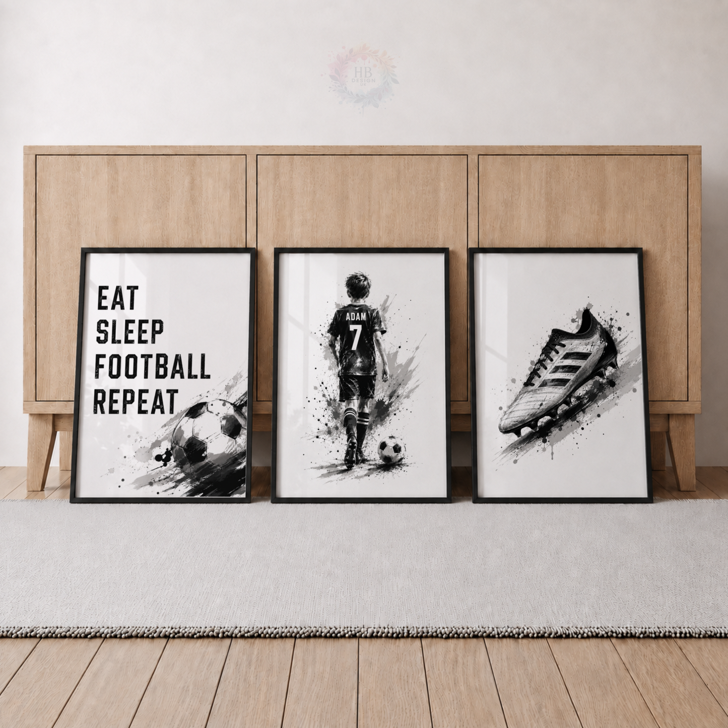Personalised Eat Sleep Football Repeat Wall Art Set – Black & White Football Prints