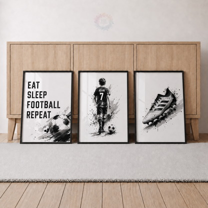 Personalised Eat Sleep Football Repeat Wall Art Set – Black & White Football Prints