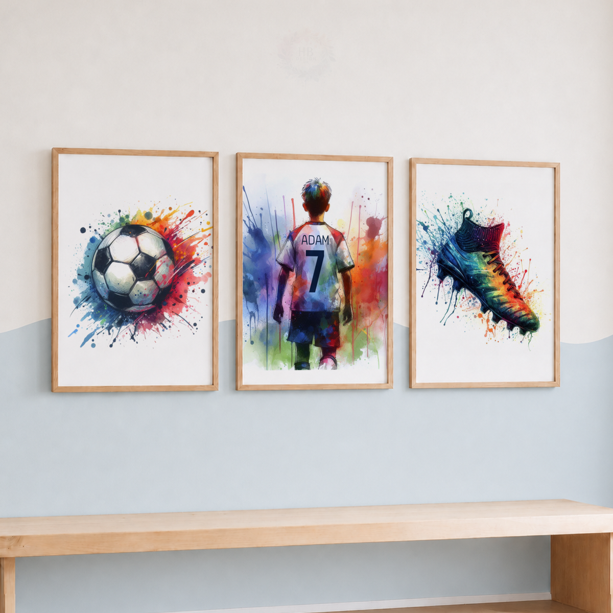 Personalised Colorful Football Wall Art Set – Custom Name & Number Football Watercolor Prints
