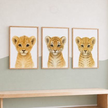 Baby Big Cats Wall Art Set – Lion, Tiger & Leopard Watercolor Nursery Prints