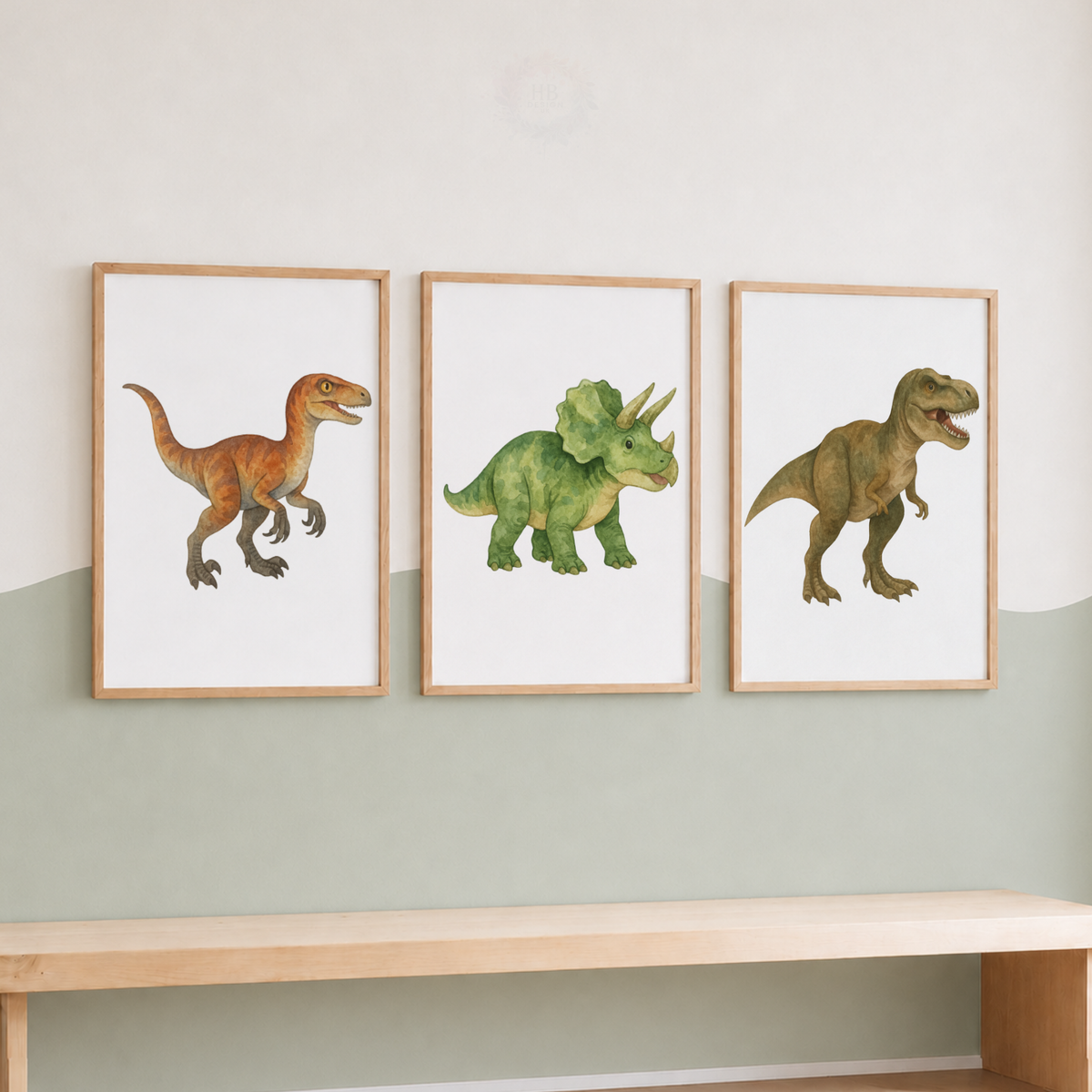 Watercolour Dinosaur Prints Set – Raptor Triceratops & T-Rex Nursery Wall Art
